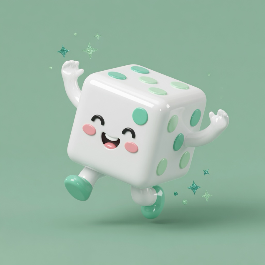 DiceFate mascot — a smiling mint-green die