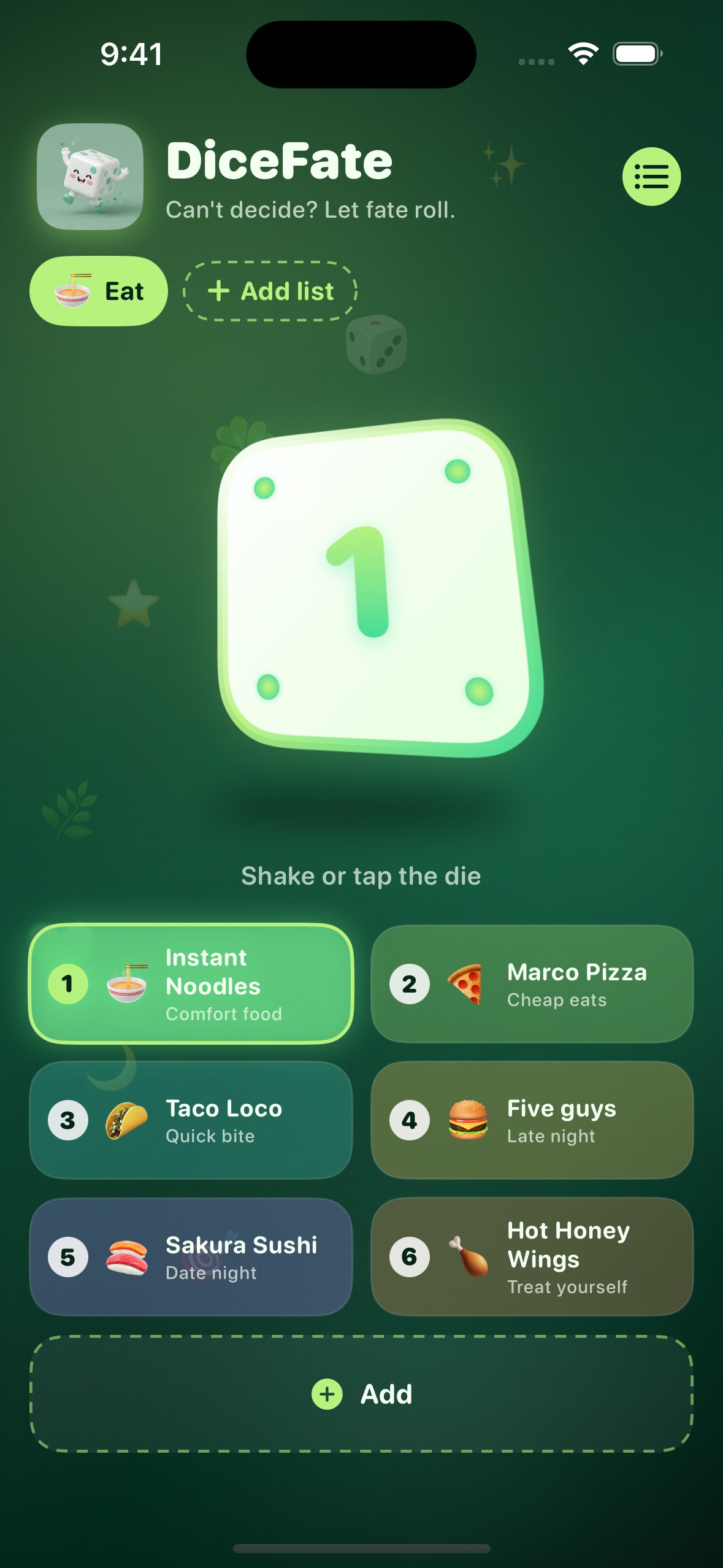 DiceFate home with the die and Eat list